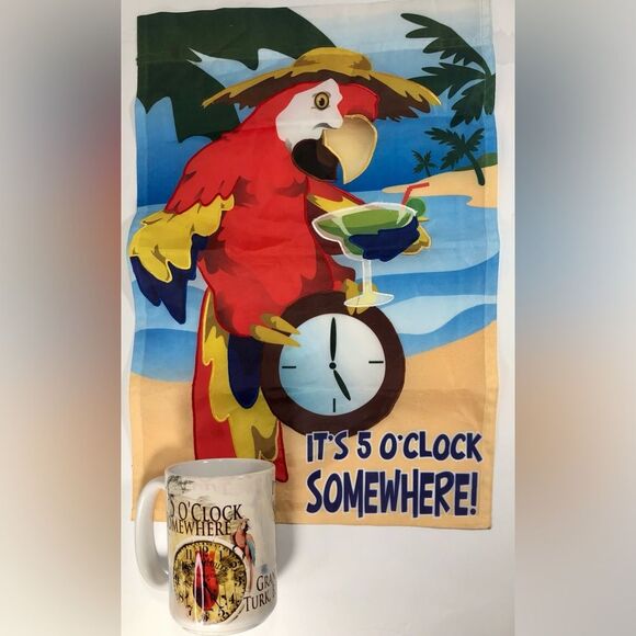 It’s Five O’clock Somewhere  Margaritaville Mug  &  Matching Parrot Design Flag - Picture 1 of 7